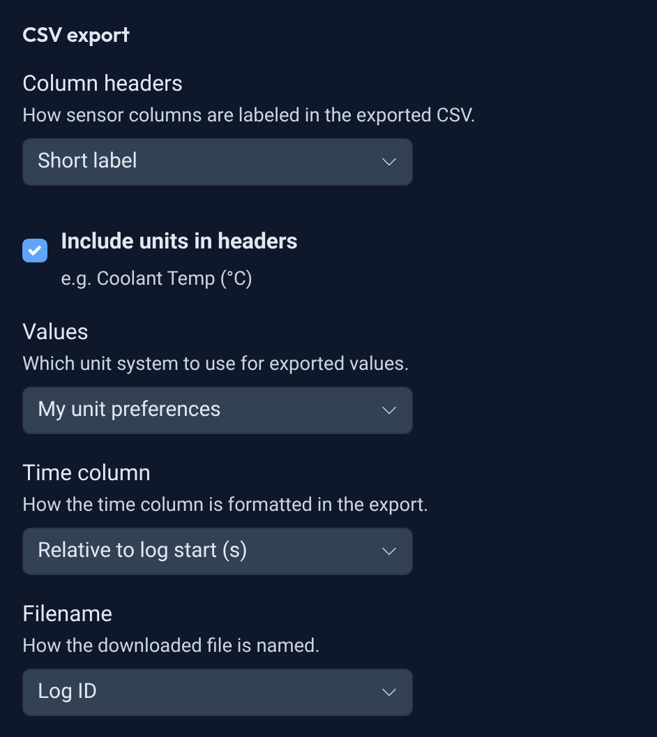 The CSV export settings: Column headers set to Short label, Include units in headers checked, Values set to My unit preferences, Time column set to Relative to log start (s), and Filename set to Log ID