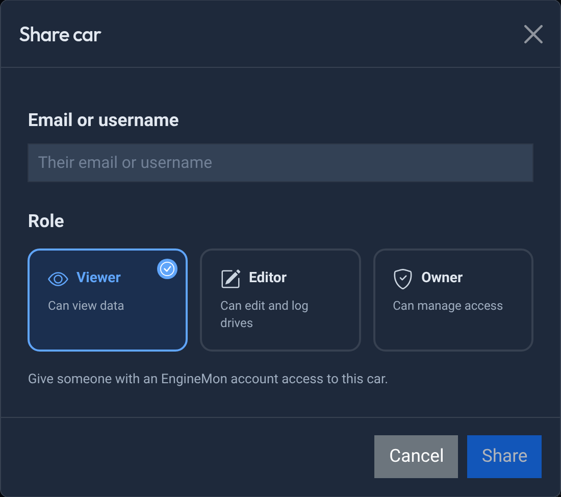 The Share car dialog: an Email or username field, then Role, with Viewer (can view data) selected and Editor (can edit and log drives) and Owner (can manage access) next to it