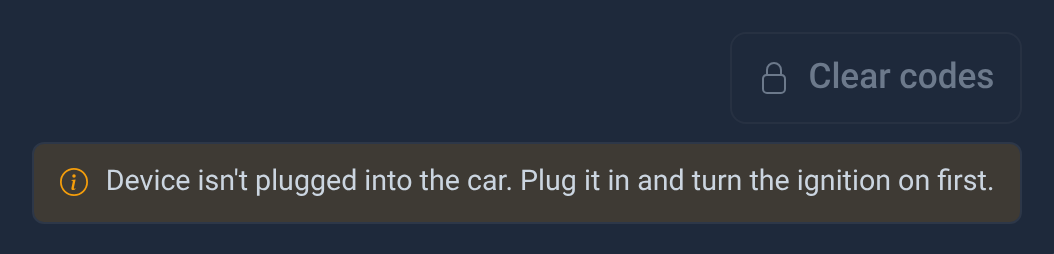 The Clear codes button greyed out with a lock, and under it the reason: "Device isn't plugged into the car. Plug it in and turn the ignition on first."