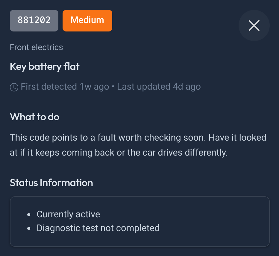 The top of a code's dialog: 881202, Medium, Front electrics, "Key battery flat", first detected a week ago and last updated 4 days ago, then What to do with the advice for a medium code, and its status: currently active, diagnostic test not completed