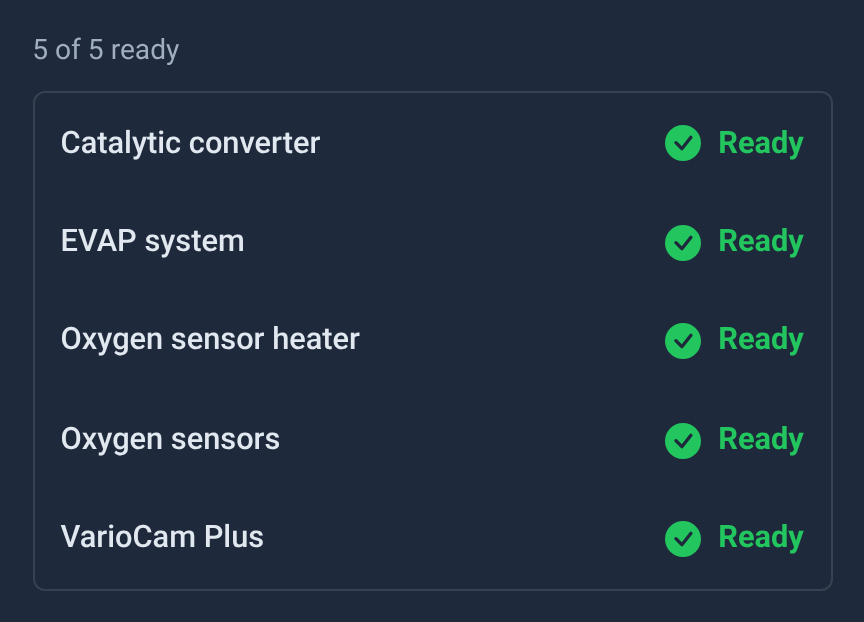 Emissions readiness showing 5 of 5 ready: catalytic converter, EVAP system, oxygen sensor heater, oxygen sensors and VarioCam Plus, each marked Ready